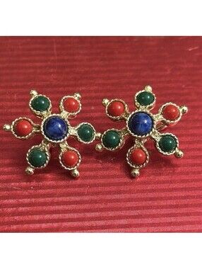 Vtg SARAH COVENTRY Carnival Red Green & Blue Cabochon Gold Tone Clip On Earrings